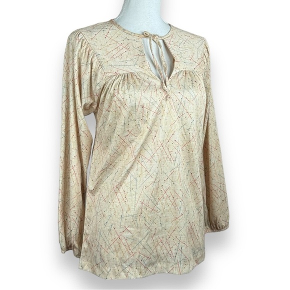 Vintage Dead Stock Pretty Tops Geometric Line Print Cream Blouse Keyhole Neck - Picture 3 of 9